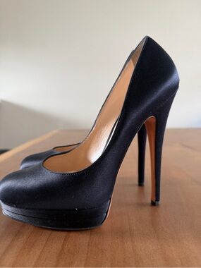 Casadei - Classic Black Satin Platform High Heel Pump 5.5” heel high